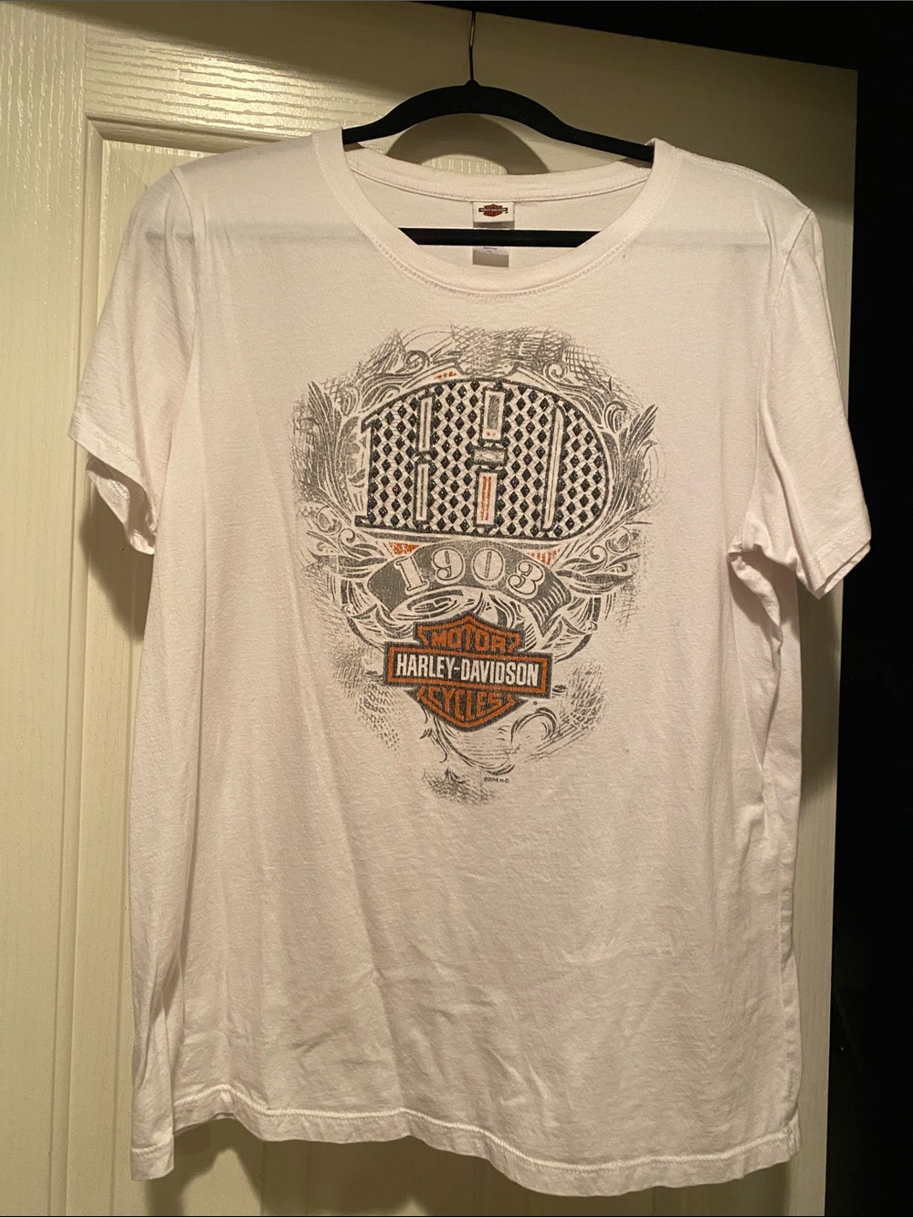 Harley-Davidson White Short Sleeve Tee with Gray and Orange Graphic
